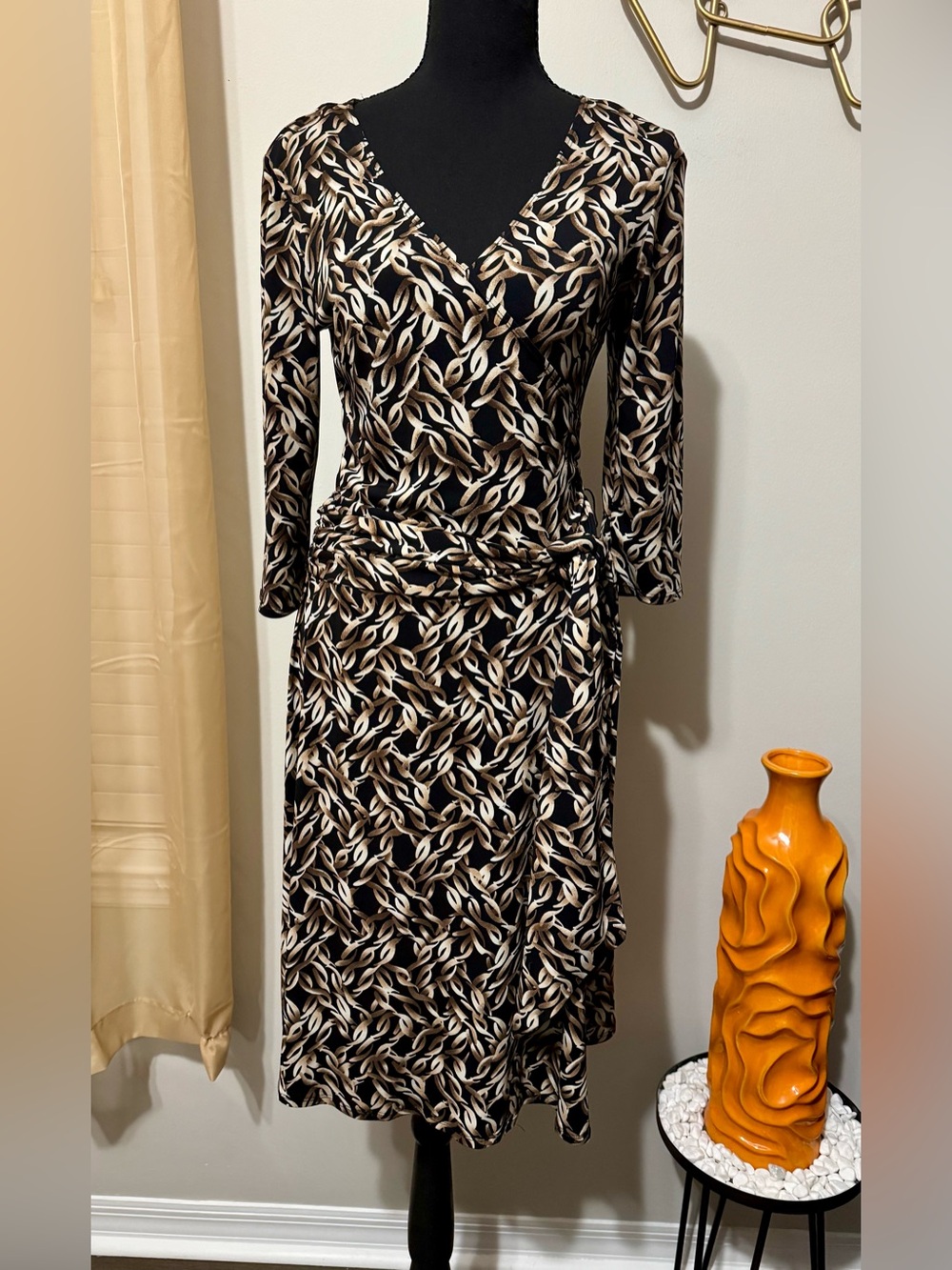 Black & Cream Chain-Print Wrap Dress